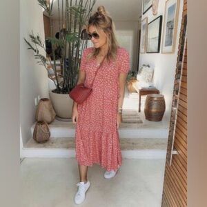 J. Crew Ruffle Tiered Floral Red White Midi Dress V-neck Size M